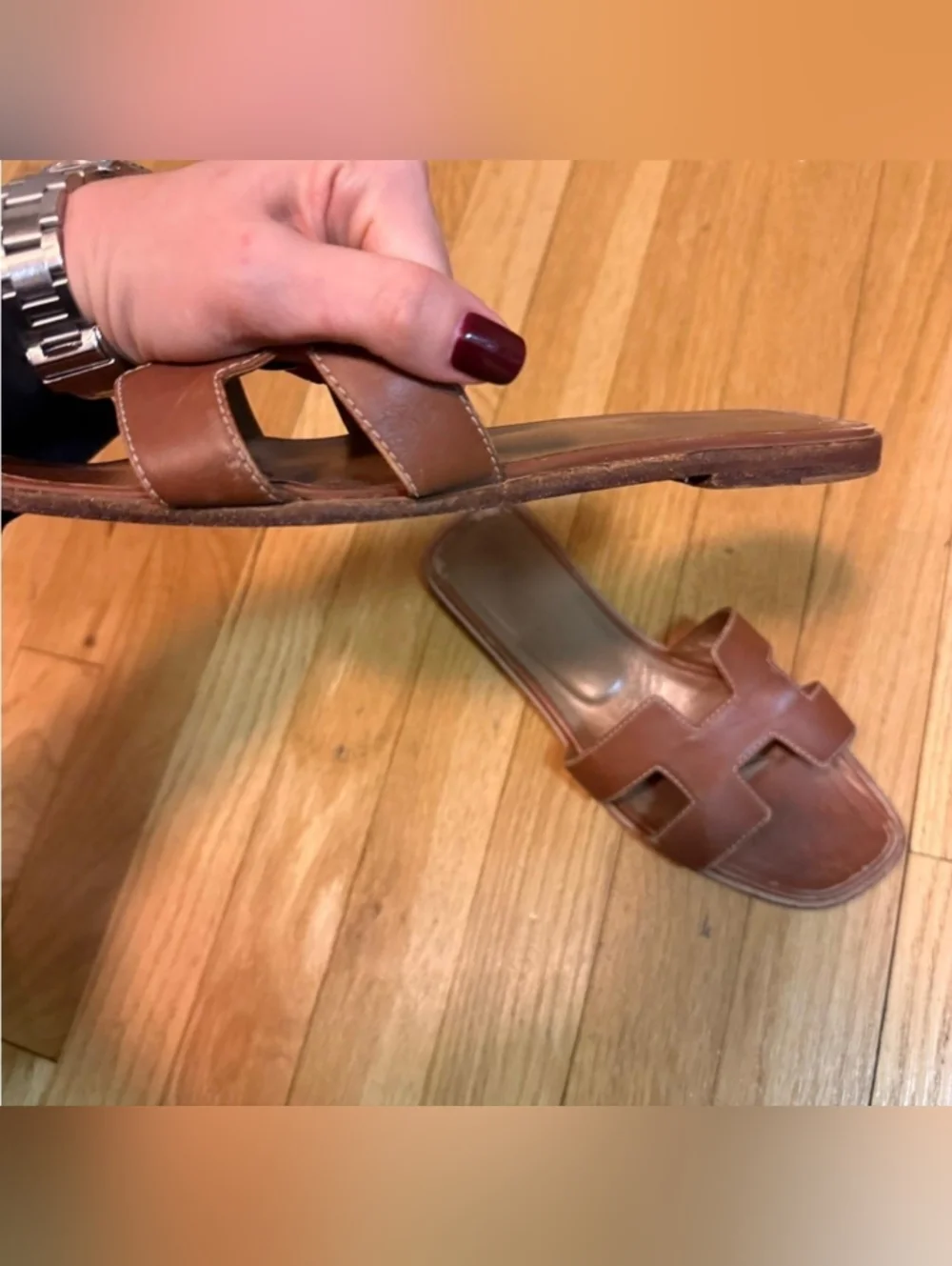 Hermes Oran Brown Leather Slide Sandals - Picture 8 of 9